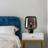 Modern Smoke Gray Glass Lantern Table Lamp with Contemporary Metal Frame for Bedside and Living Room
