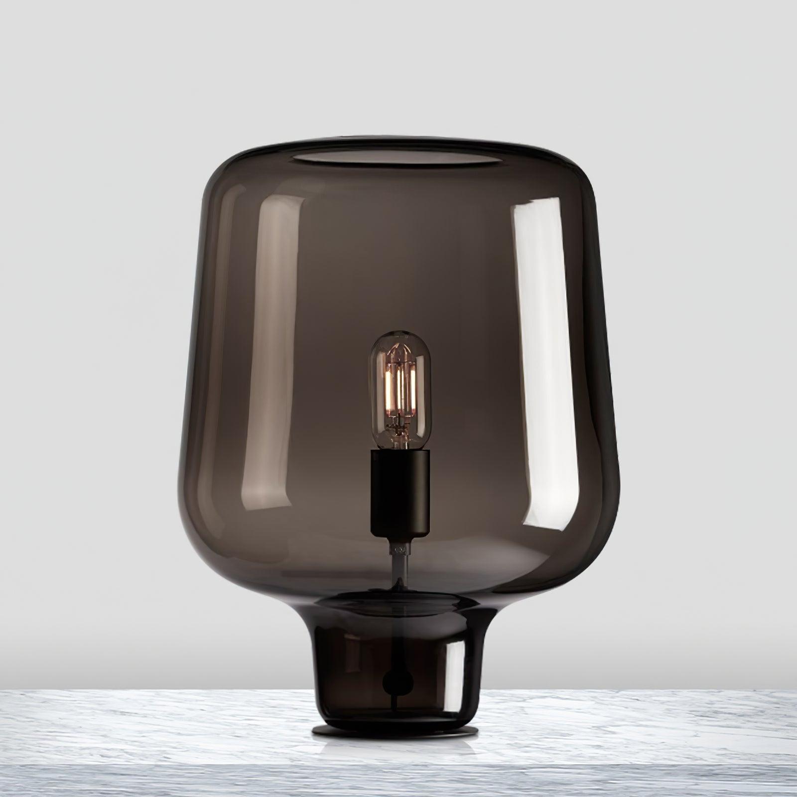 Modern Smoke Gray Glass Lantern Table Lamp with Contemporary Metal Frame for Bedside and Living Room