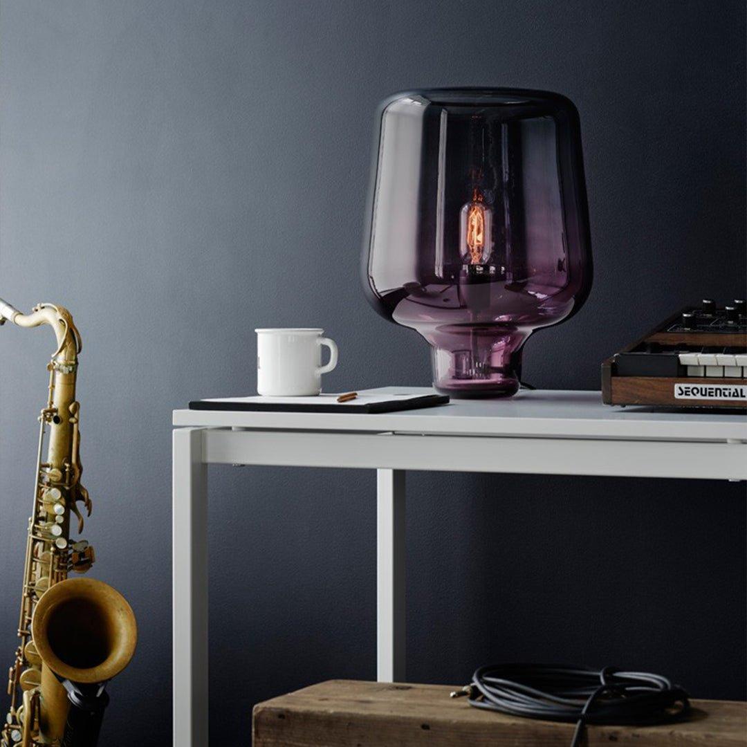 Modern Smoke Gray Glass Lantern Table Lamp with Contemporary Metal Frame for Bedside and Living Room