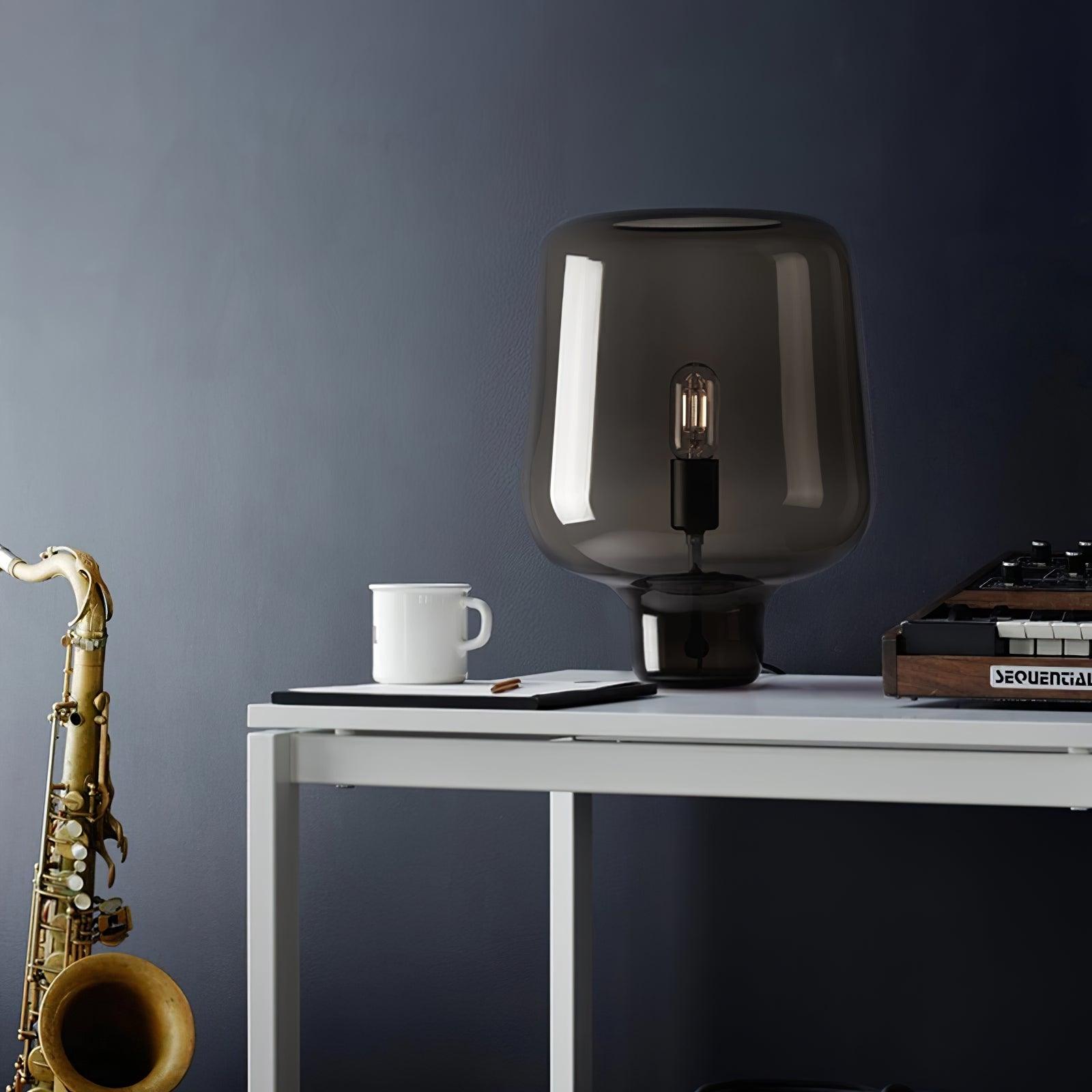 Modern Smoke Gray Glass Lantern Table Lamp with Contemporary Metal Frame for Bedside and Living Room