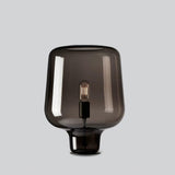 Modern Smoke Gray Glass Lantern Table Lamp with Contemporary Metal Frame for Bedside and Living Room
