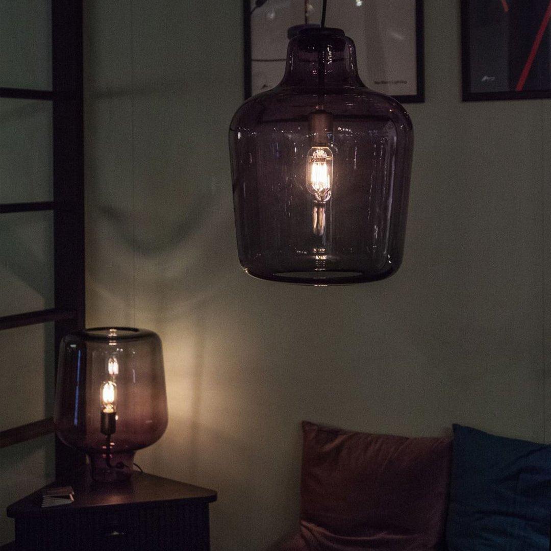 Modern Smoke Gray Glass Lantern Table Lamp with Contemporary Metal Frame for Bedside and Living Room