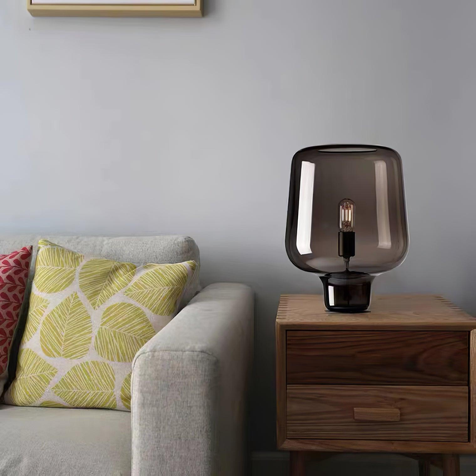 Modern Smoke Gray Glass Lantern Table Lamp with Contemporary Metal Frame for Bedside and Living Room