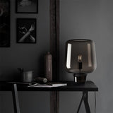 Modern Smoke Gray Glass Lantern Table Lamp with Contemporary Metal Frame for Bedside and Living Room