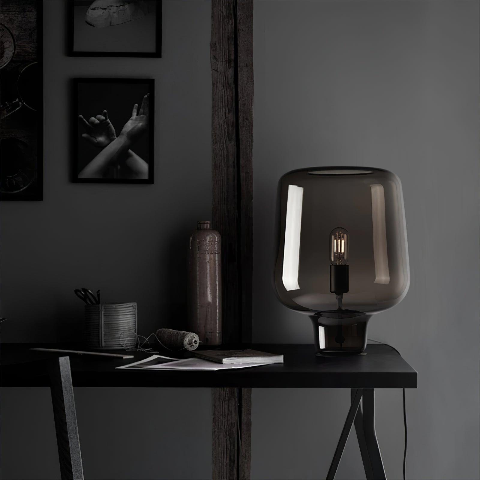 Modern Smoke Gray Glass Lantern Table Lamp with Contemporary Metal Frame for Bedside and Living Room