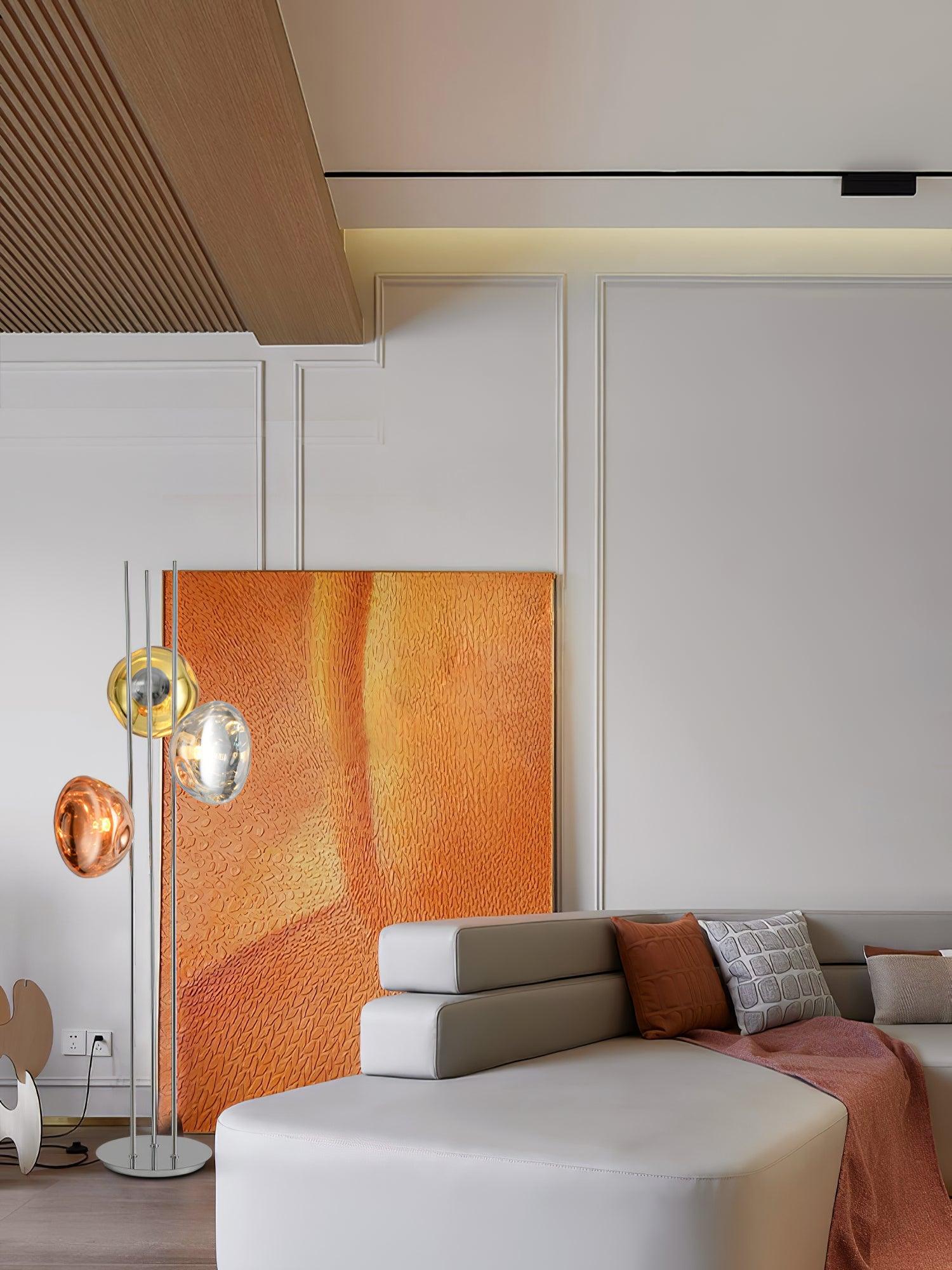 Modern Trio Lava Glass Standing Lamp with Three Chrome Orbs for Ambient Home Lighting