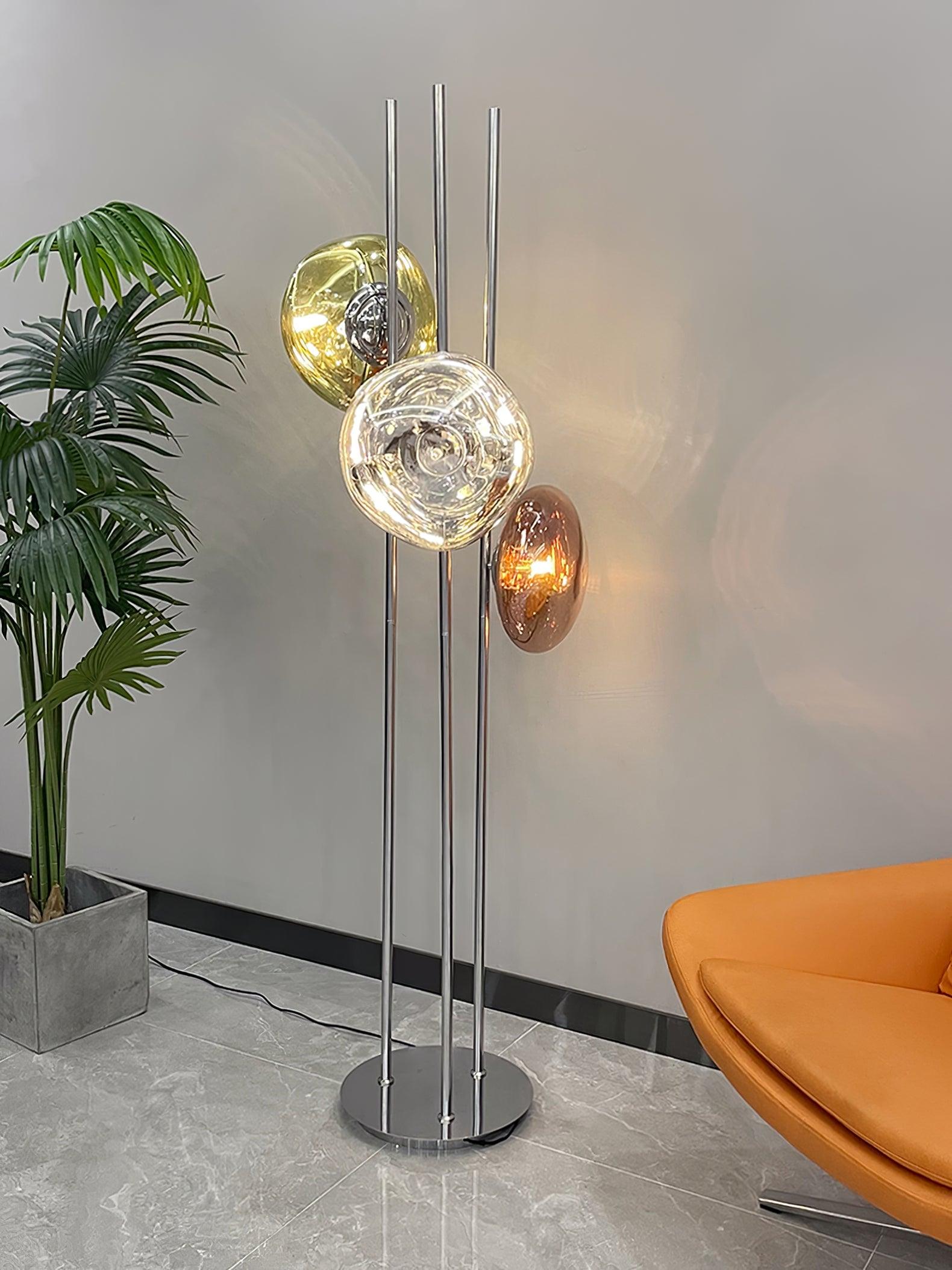Modern Trio Lava Glass Standing Lamp with Three Chrome Orbs for Ambient Home Lighting
