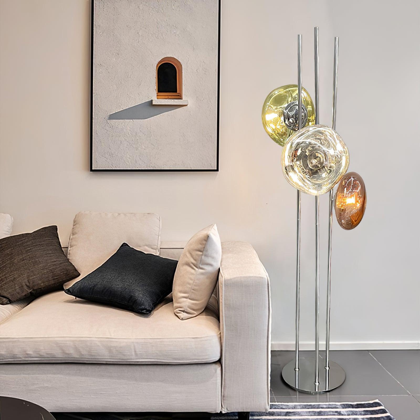 Modern Trio Lava Glass Standing Lamp with Three Chrome Orbs for Ambient Home Lighting