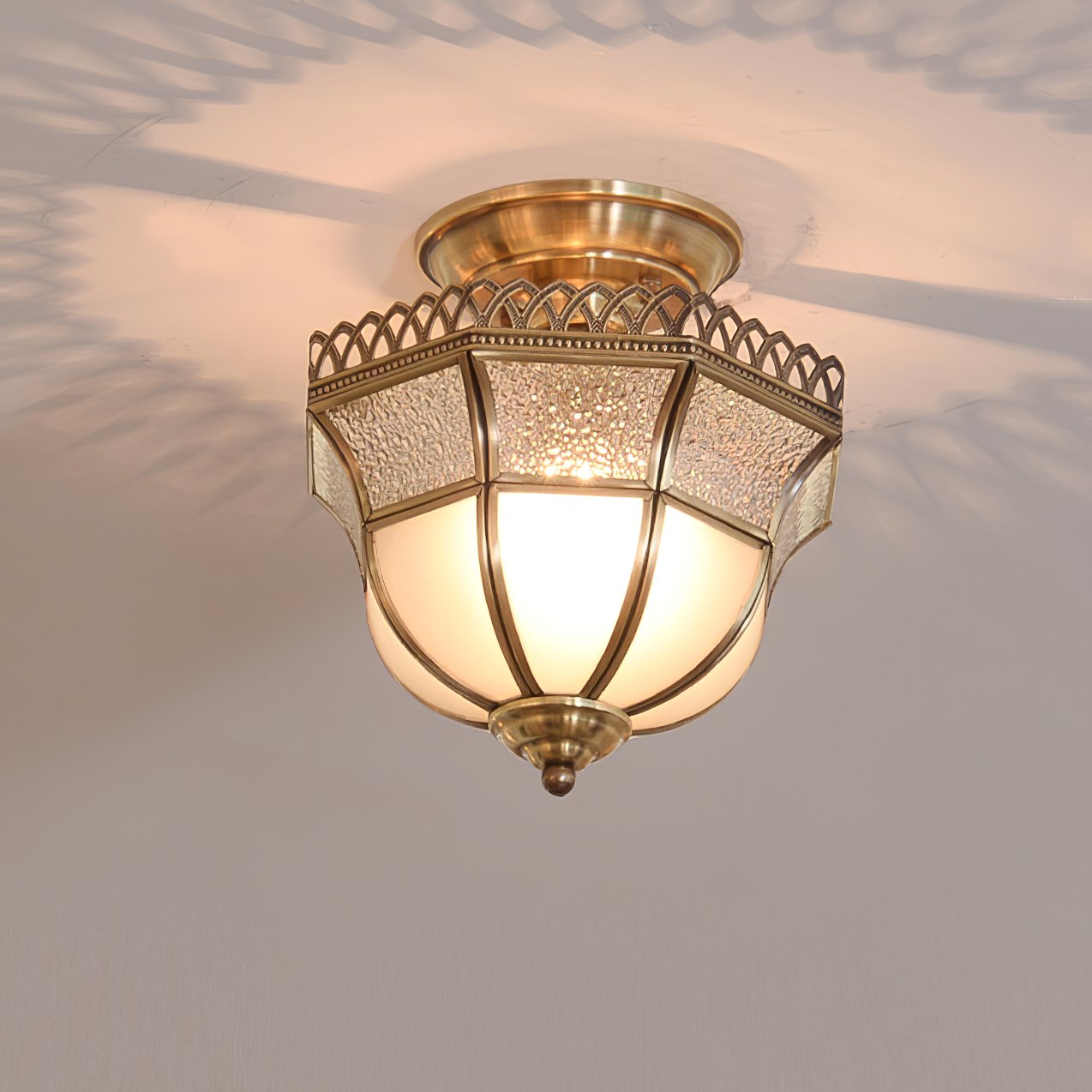 vintage-tiffany-style-brass-ceiling-light-white-glass-shade-semi-flush-mount-fixture