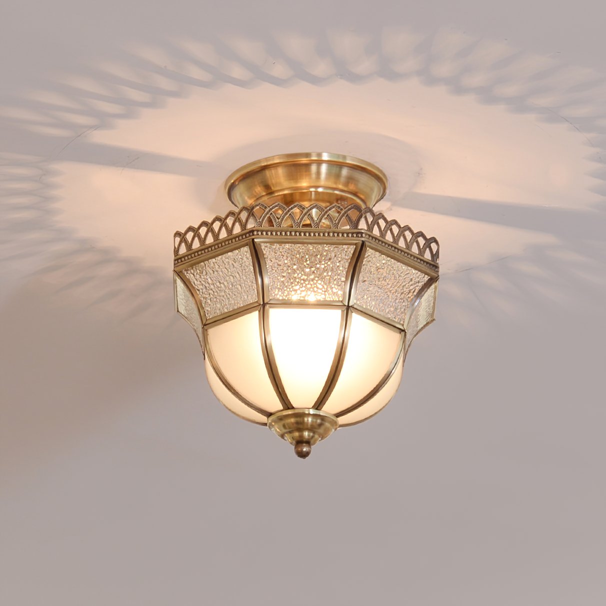 vintage-tiffany-style-brass-ceiling-light-white-glass-shade-semi-flush-mount-fixture