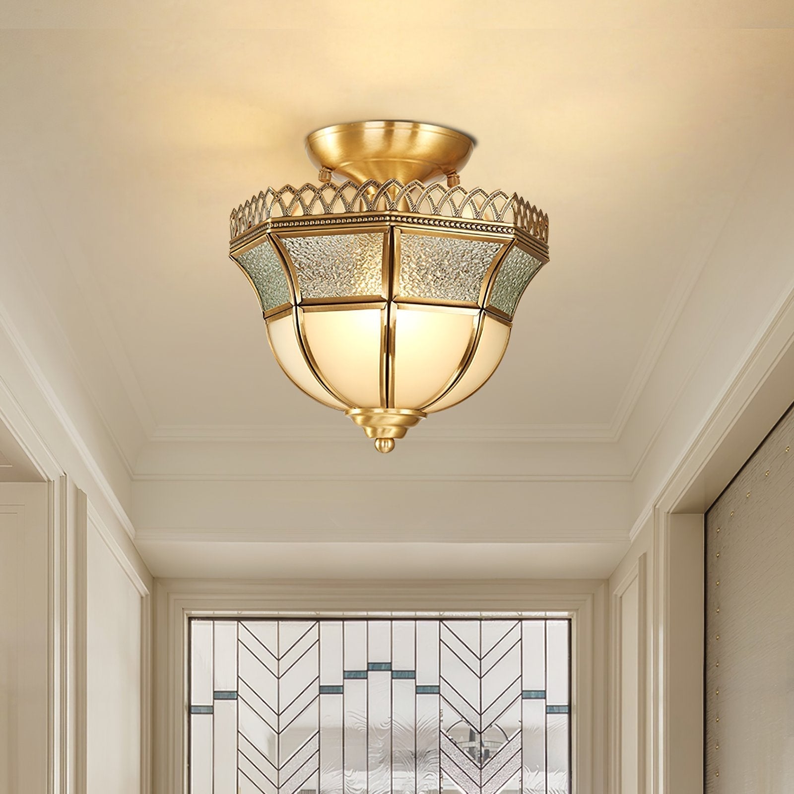 vintage-tiffany-style-brass-ceiling-light-white-glass-shade-semi-flush-mount-fixture