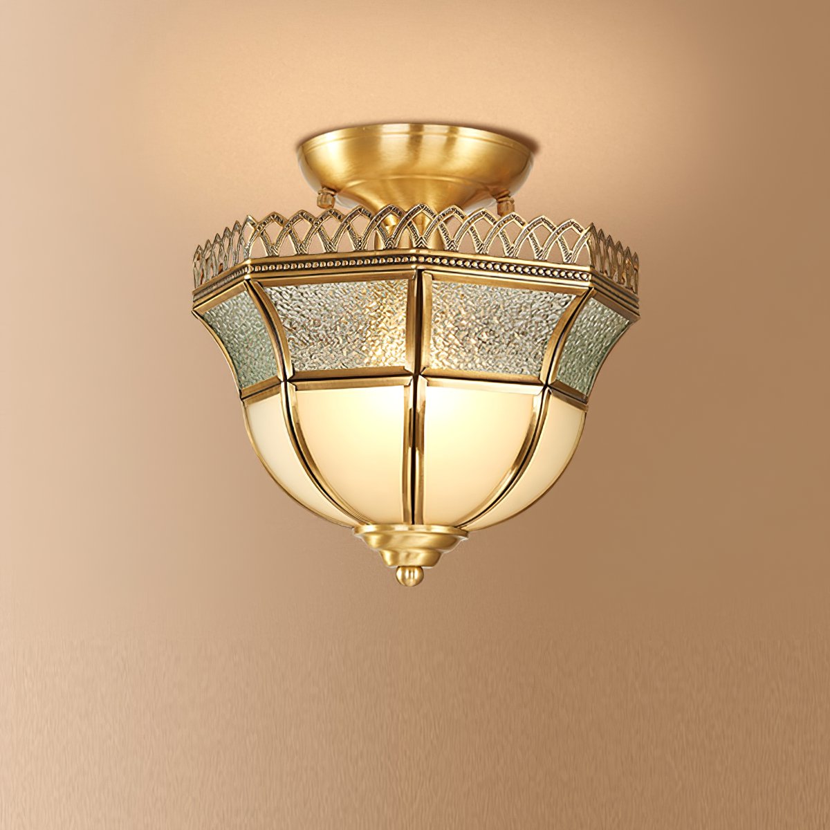 vintage-tiffany-style-brass-ceiling-light-white-glass-shade-semi-flush-mount-fixture
