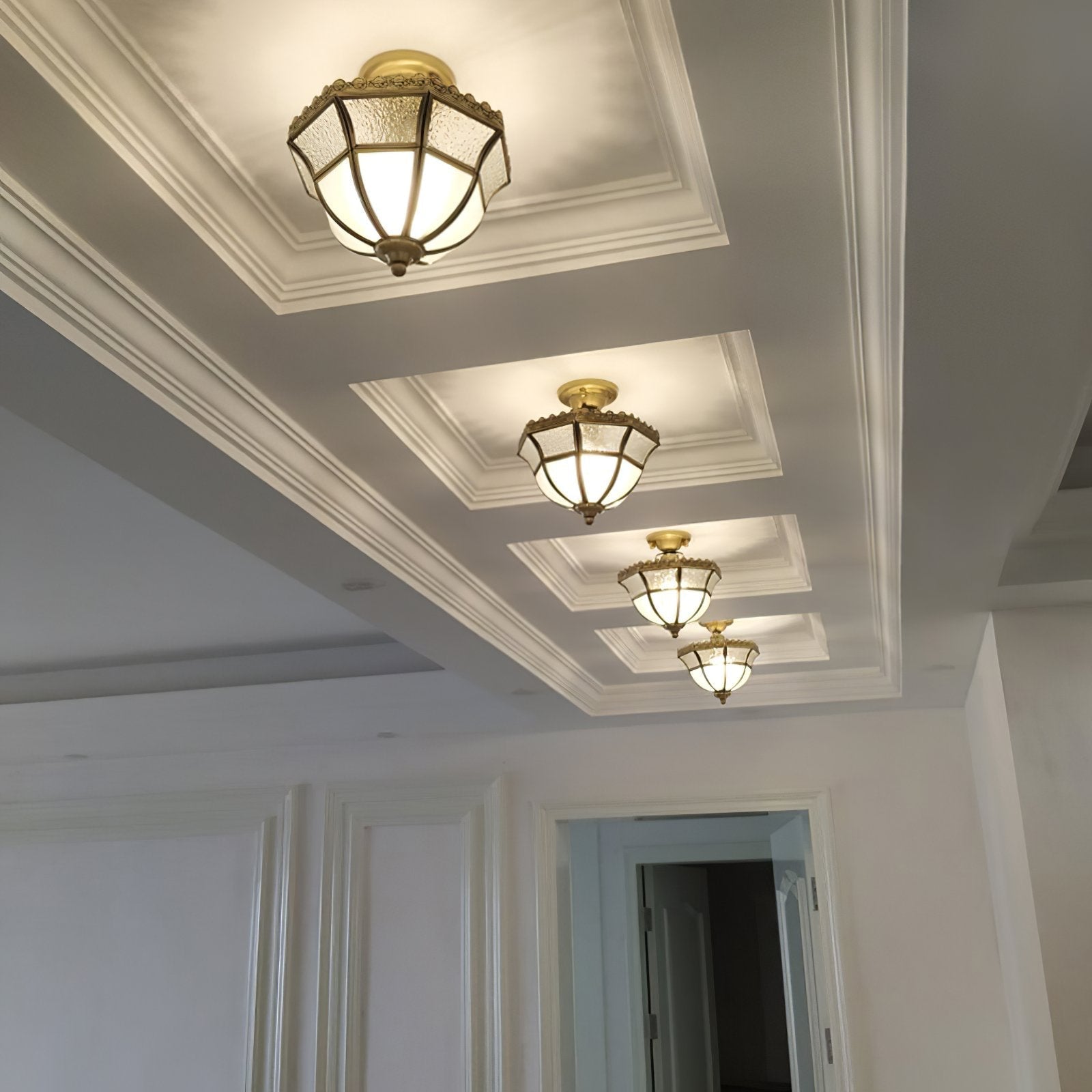 vintage-tiffany-style-brass-ceiling-light-white-glass-shade-semi-flush-mount-fixture