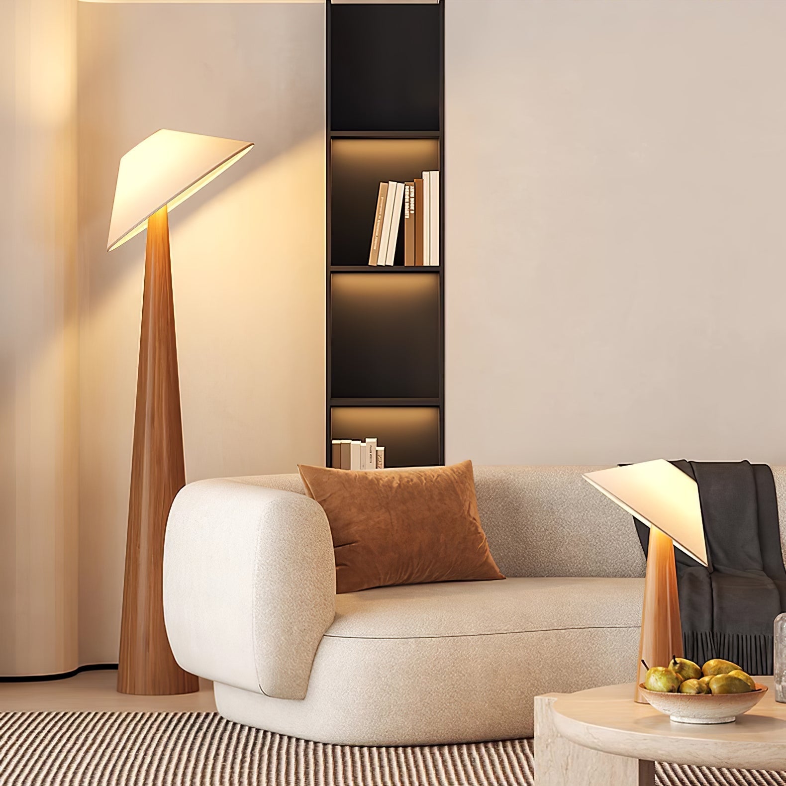 Modern Scandinavian Wooden Floor Lamp with Tilt Hat Fabric Shade Standing Light
