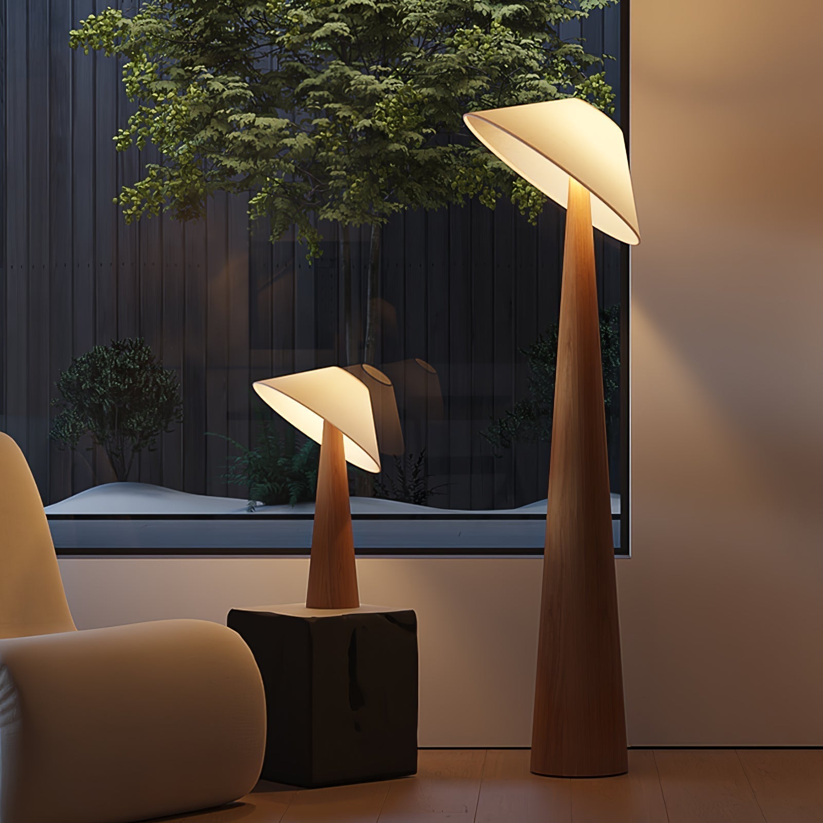 Modern Scandinavian Wooden Floor Lamp with Tilt Hat Fabric Shade Standing Light