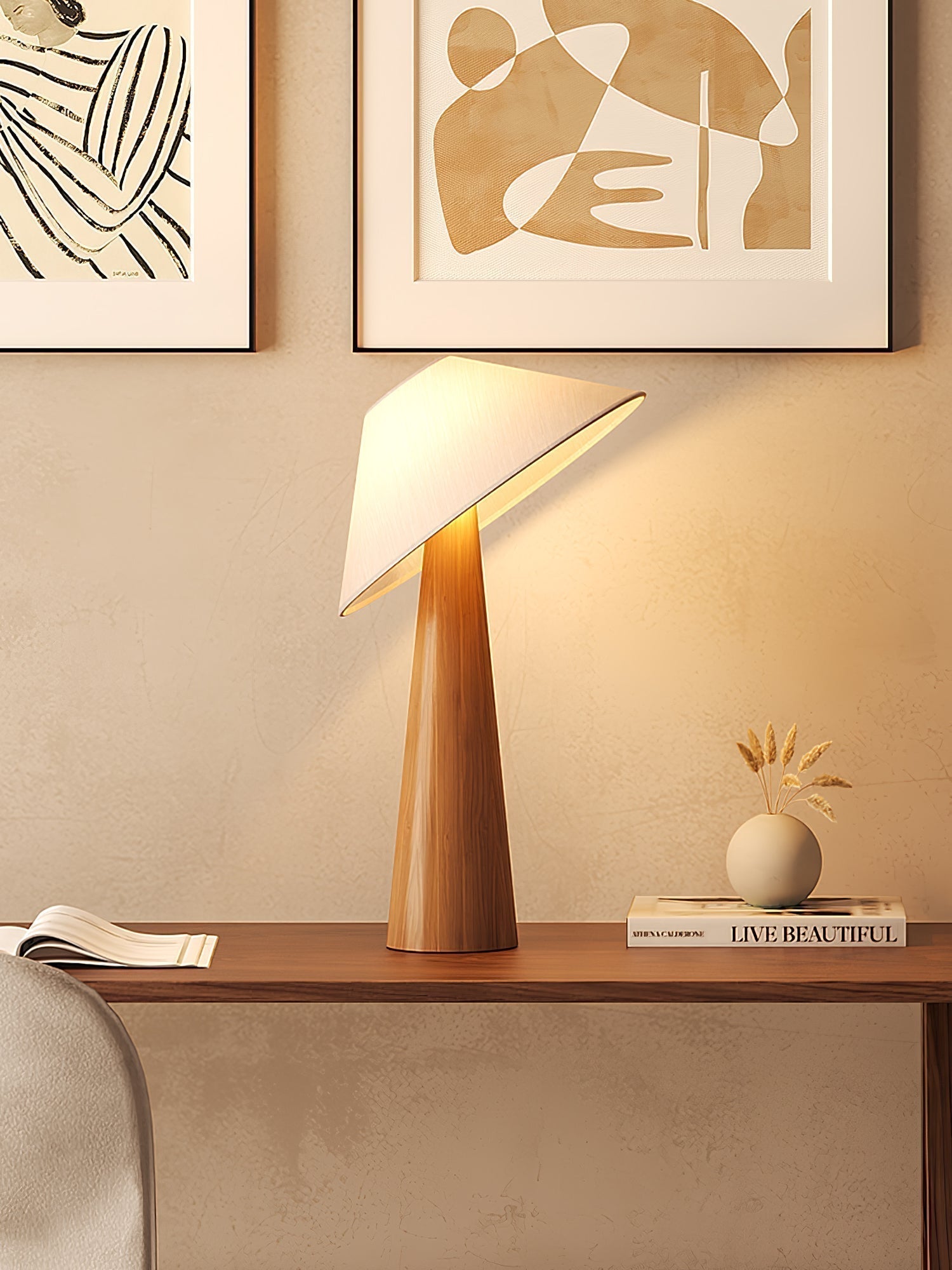 Tilt Hat Wooden Table Lamp with Conical Solid Wood Base and Triangular Fabric Shade for Modern Interiors