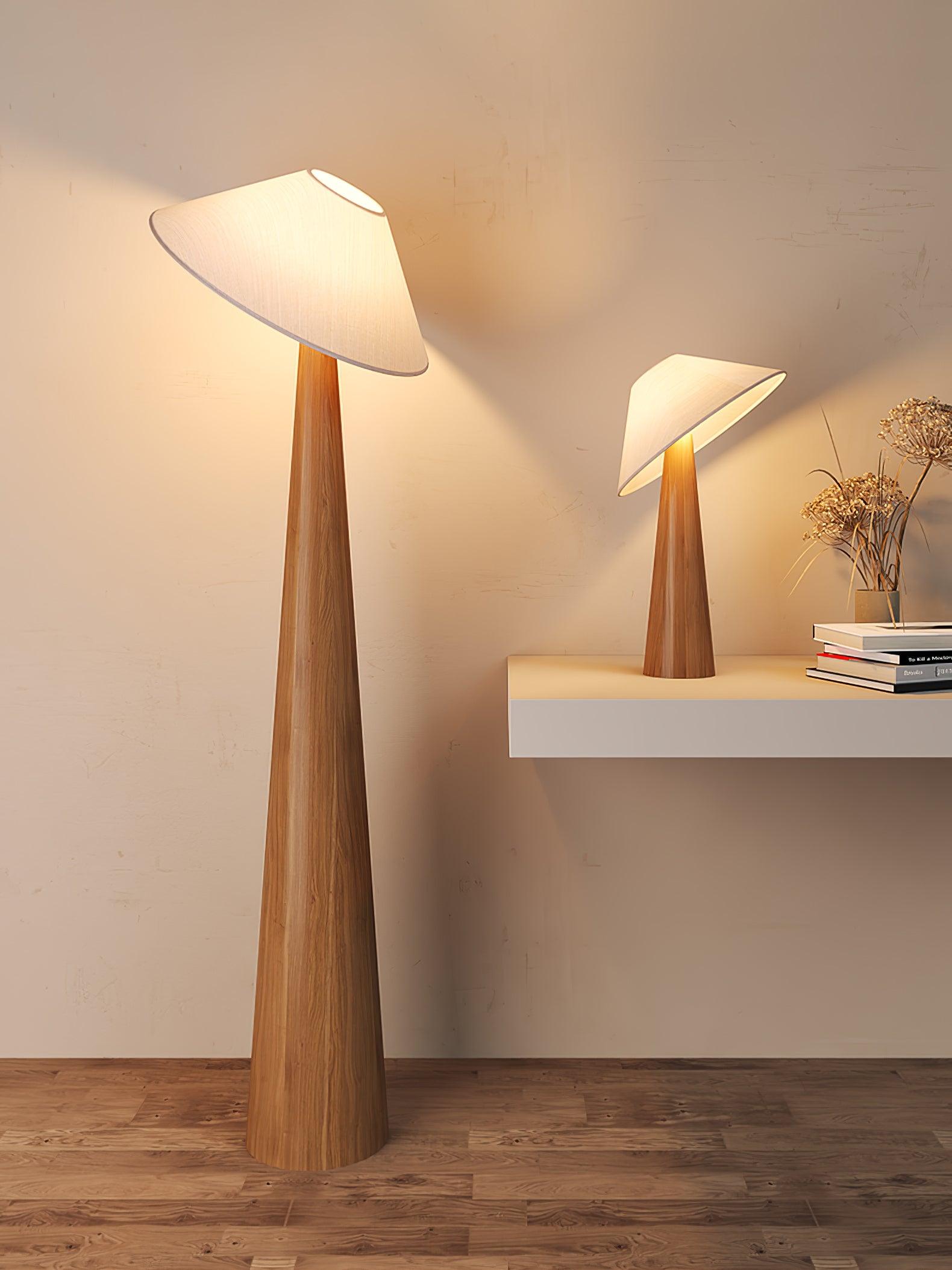 Modern Scandinavian Wooden Floor Lamp with Tilt Hat Fabric Shade Standing Light