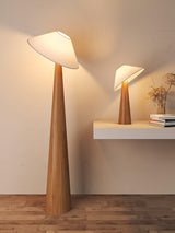 Tilt Hat Wooden Table Lamp with Conical Solid Wood Base and Triangular Fabric Shade for Modern Interiors