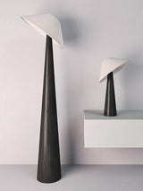 Tilt Hat Wooden Table Lamp with Conical Solid Wood Base and Triangular Fabric Shade for Modern Interiors