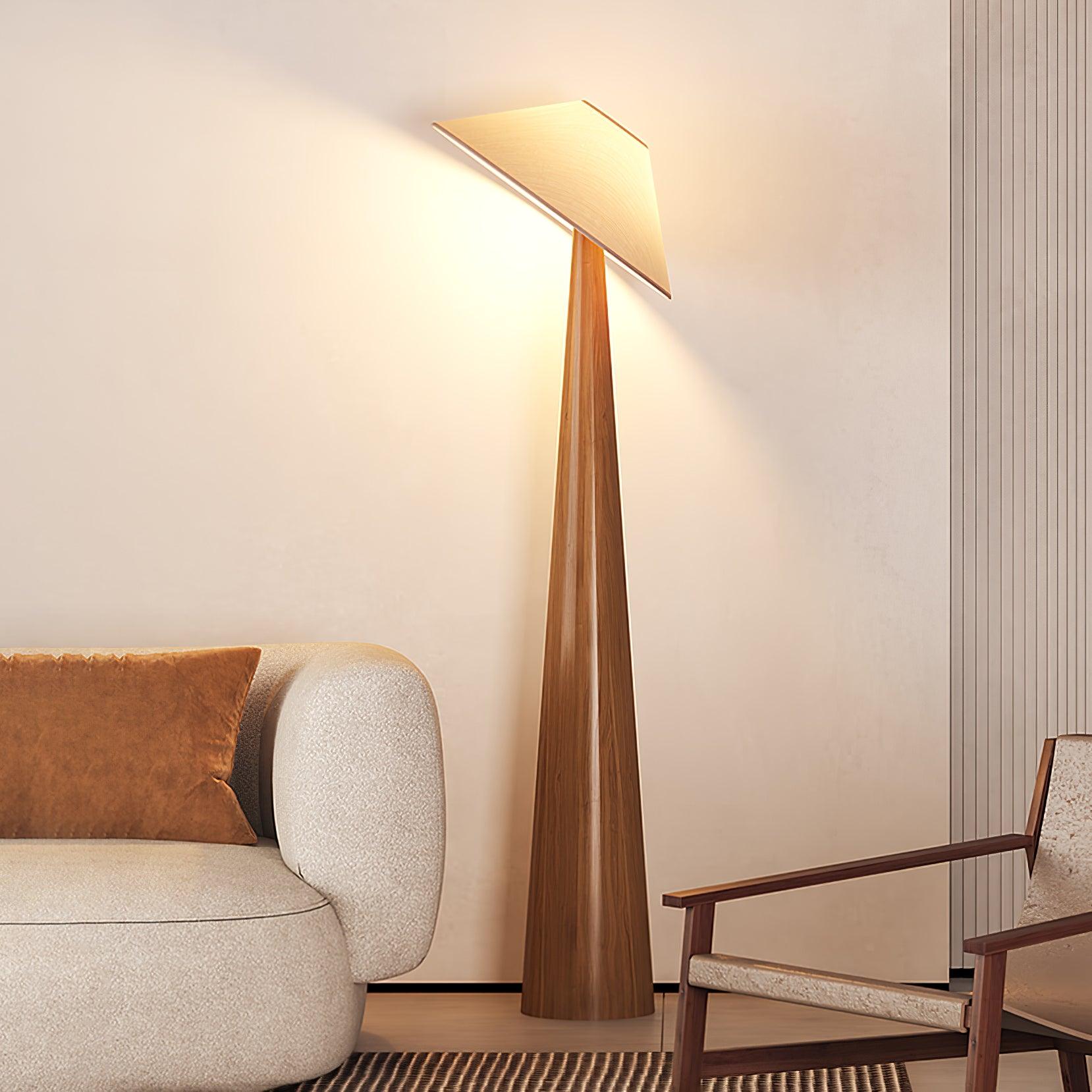 Modern Scandinavian Wooden Floor Lamp with Tilt Hat Fabric Shade Standing Light