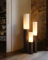 Minimalist Wood Column Standing Floor Lamp with Tall Fabric Shade and LED Light