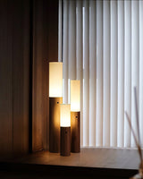Minimalist Wood Column Standing Floor Lamp with Tall Fabric Shade and LED Light