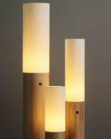 Minimalist Wood Column Standing Floor Lamp with Tall Fabric Shade and LED Light
