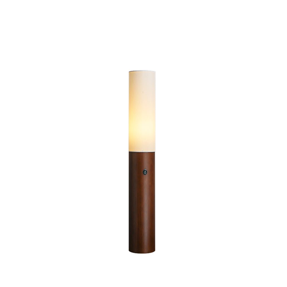 Minimalist Wood Column Standing Floor Lamp with Tall Fabric Shade and LED Light