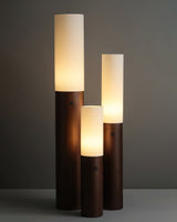Minimalist Wood Column Standing Floor Lamp with Tall Fabric Shade and LED Light