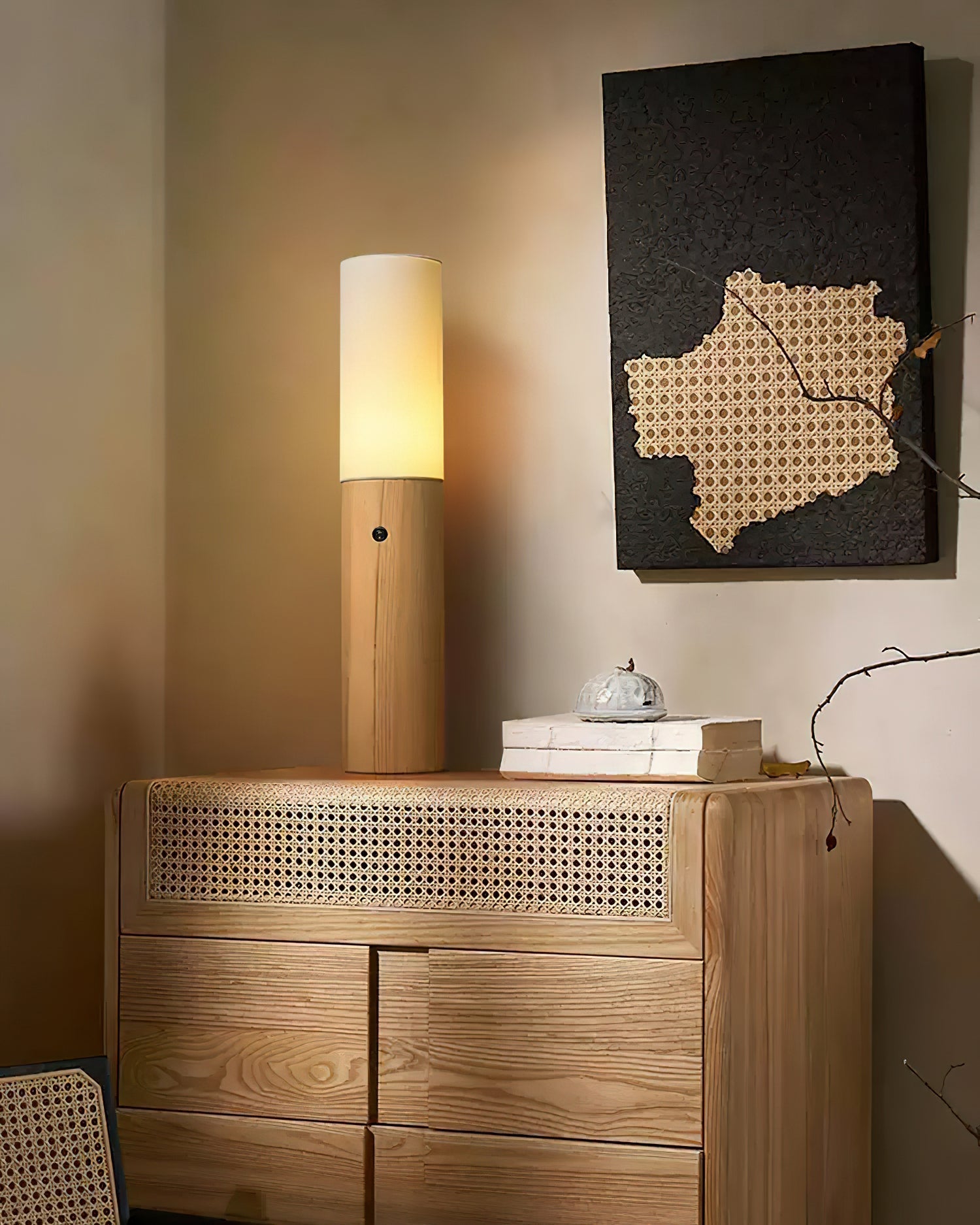 Minimalist Wood Column Standing Floor Lamp with Tall Fabric Shade and LED Light
