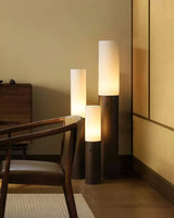 Minimalist Wood Column Standing Floor Lamp with Tall Fabric Shade and LED Light