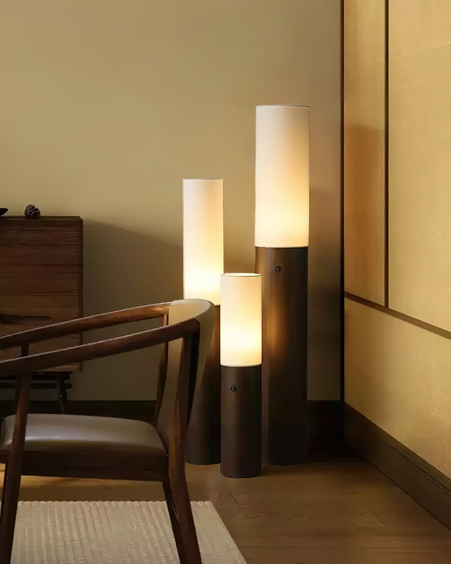 Minimalist Wood Column Standing Floor Lamp with Tall Fabric Shade and LED Light