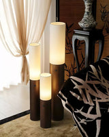 Minimalist Wood Column Standing Floor Lamp with Tall Fabric Shade and LED Light