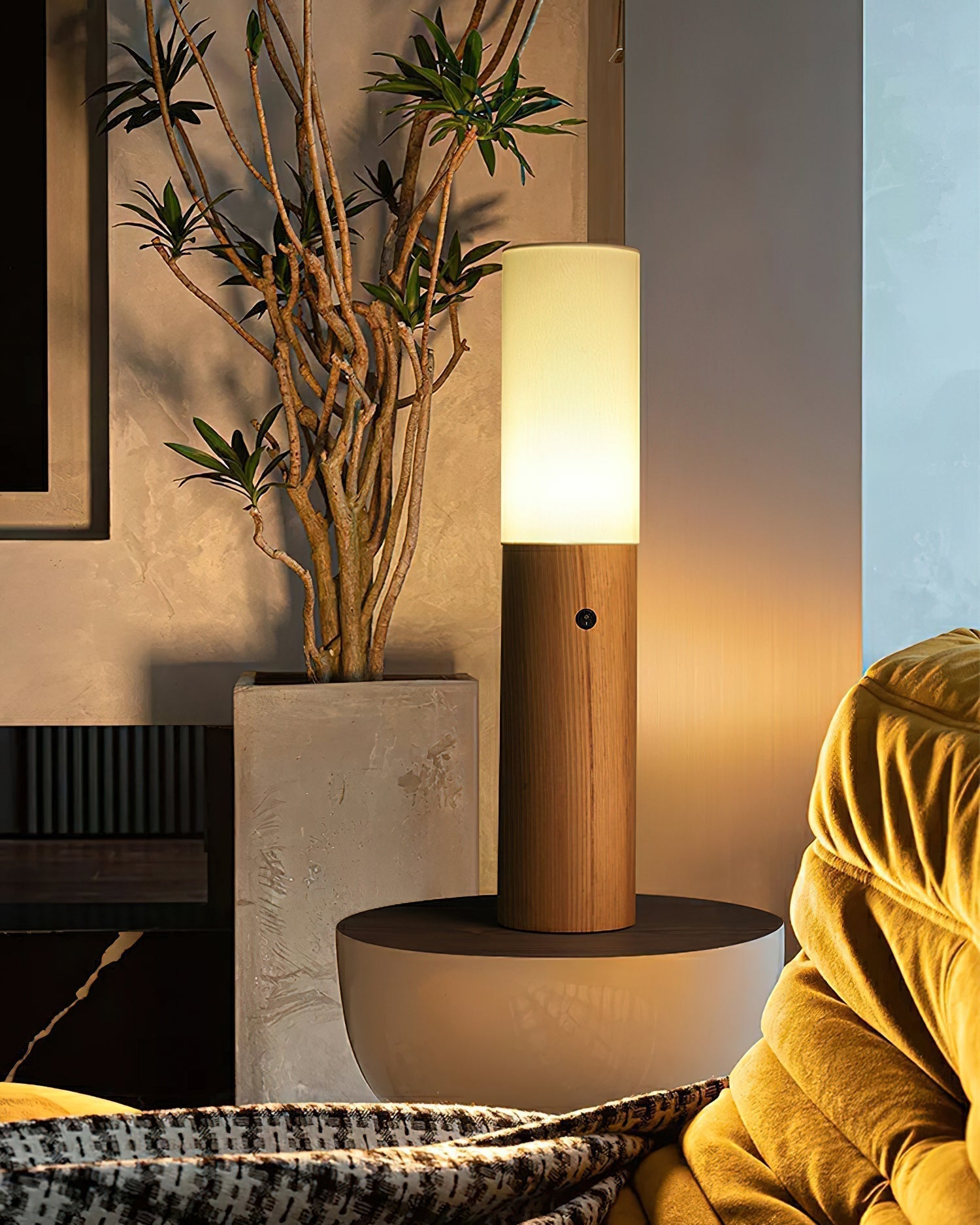 Minimalist Wood Column Standing Floor Lamp with Tall Fabric Shade and LED Light