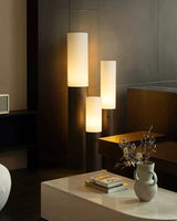 Minimalist Wood Column Standing Floor Lamp with Tall Fabric Shade and LED Light