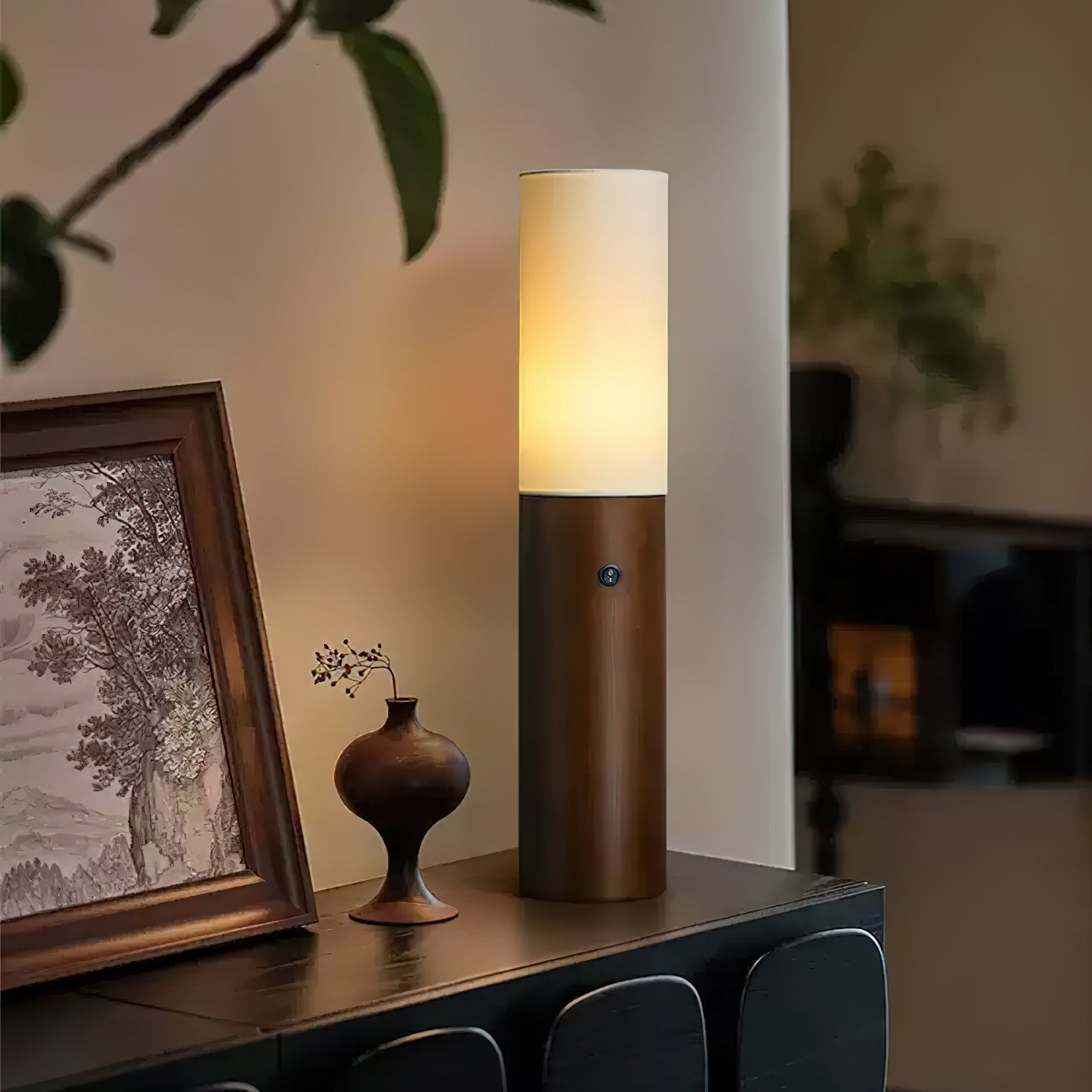 Minimalist Wood Column Standing Floor Lamp with Tall Fabric Shade and LED Light