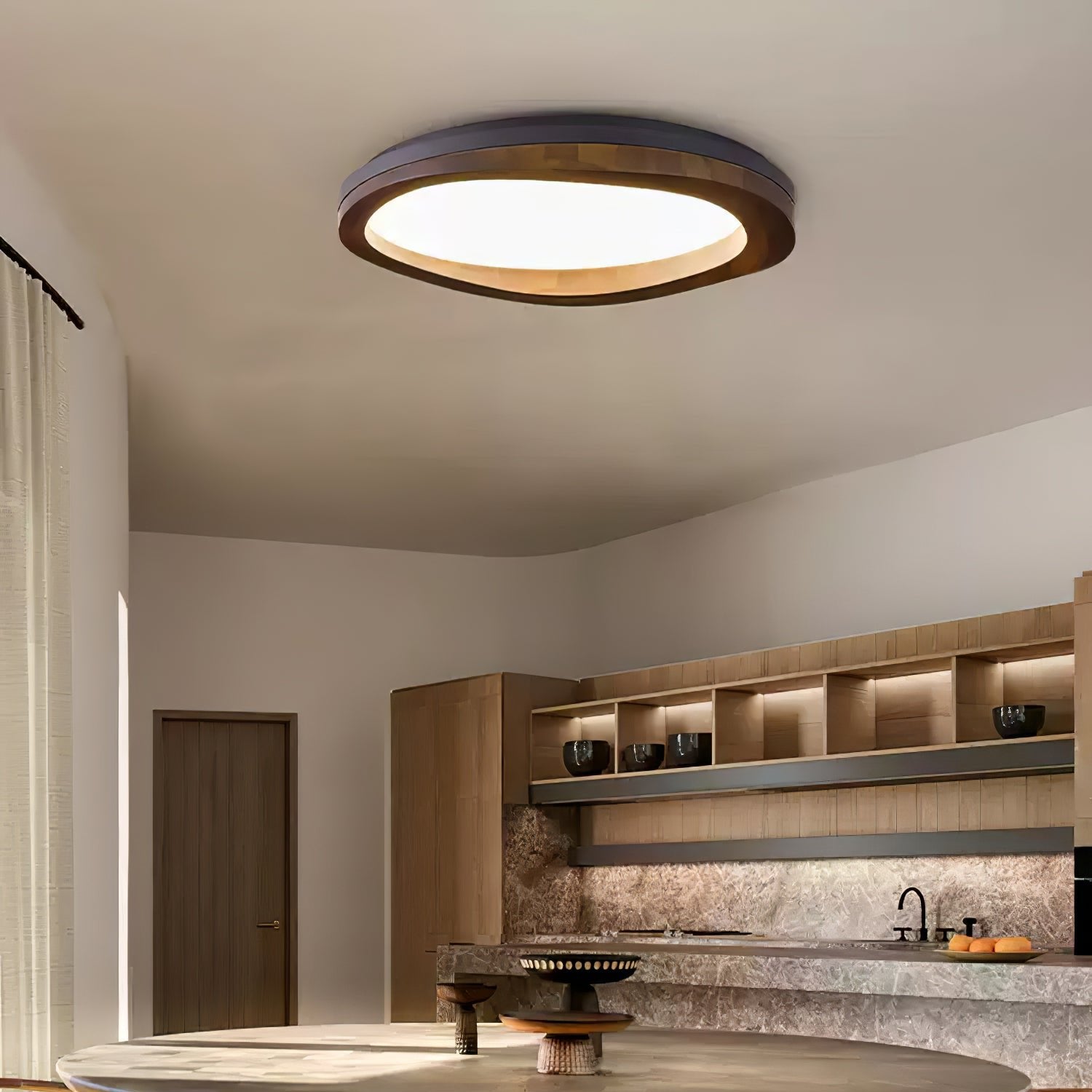 Timber Round Wood Ceiling Lamp Modern LED Flush Mount Light Fixture for Living Room and Bedroom
