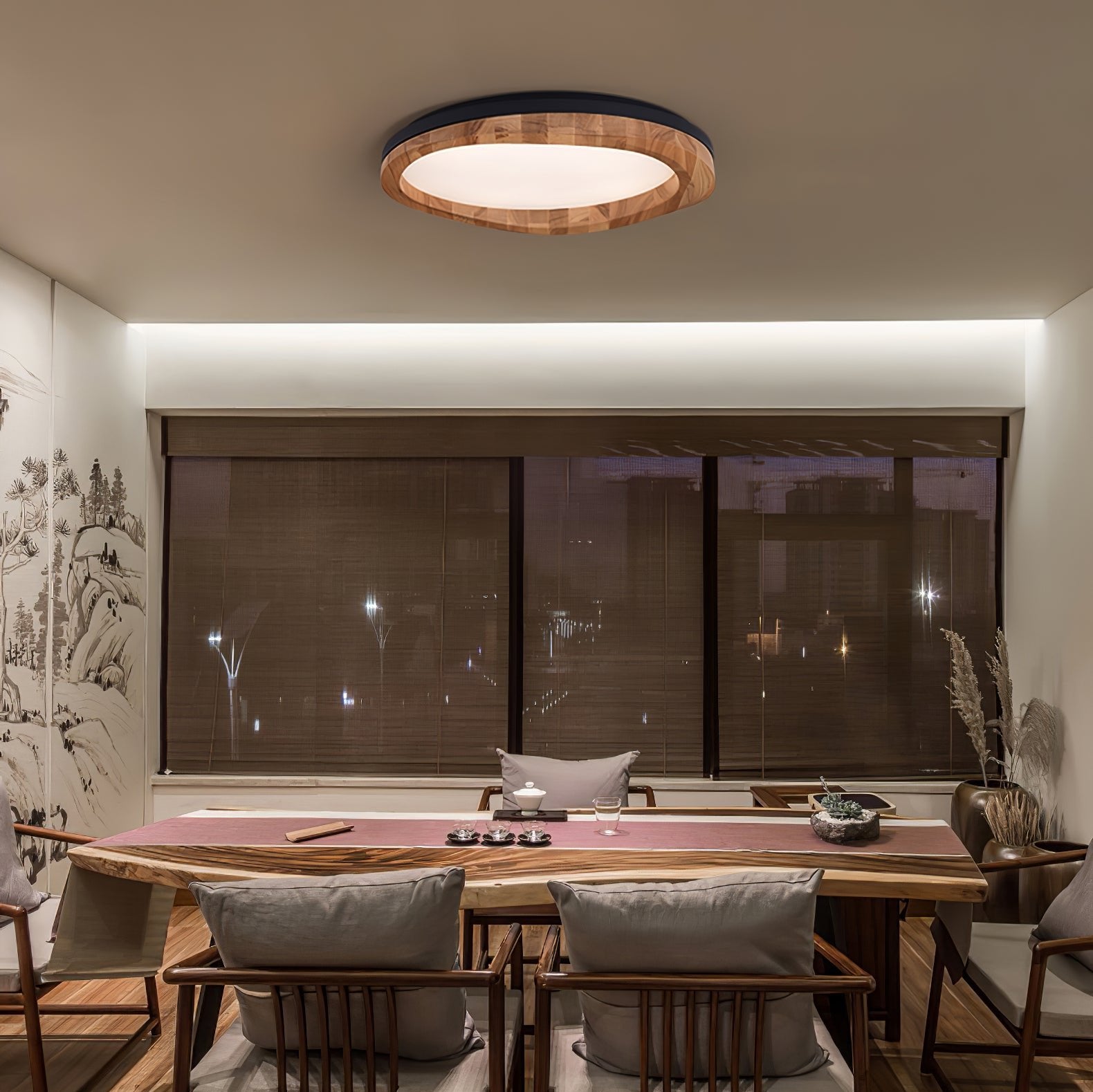 Timber Round Wood Ceiling Lamp Modern LED Flush Mount Light Fixture for Living Room and Bedroom