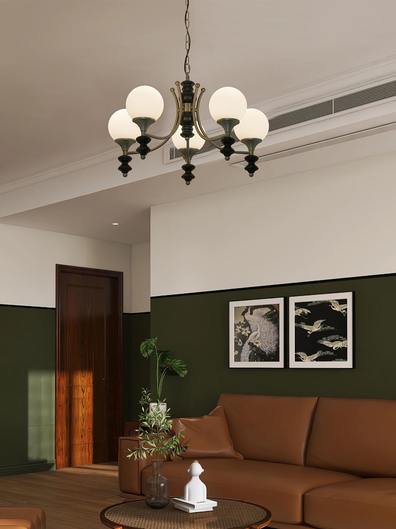 Tina Mid Century Modern Wood Crown Chandelier Glass Shade Pendant Lighting Fixture