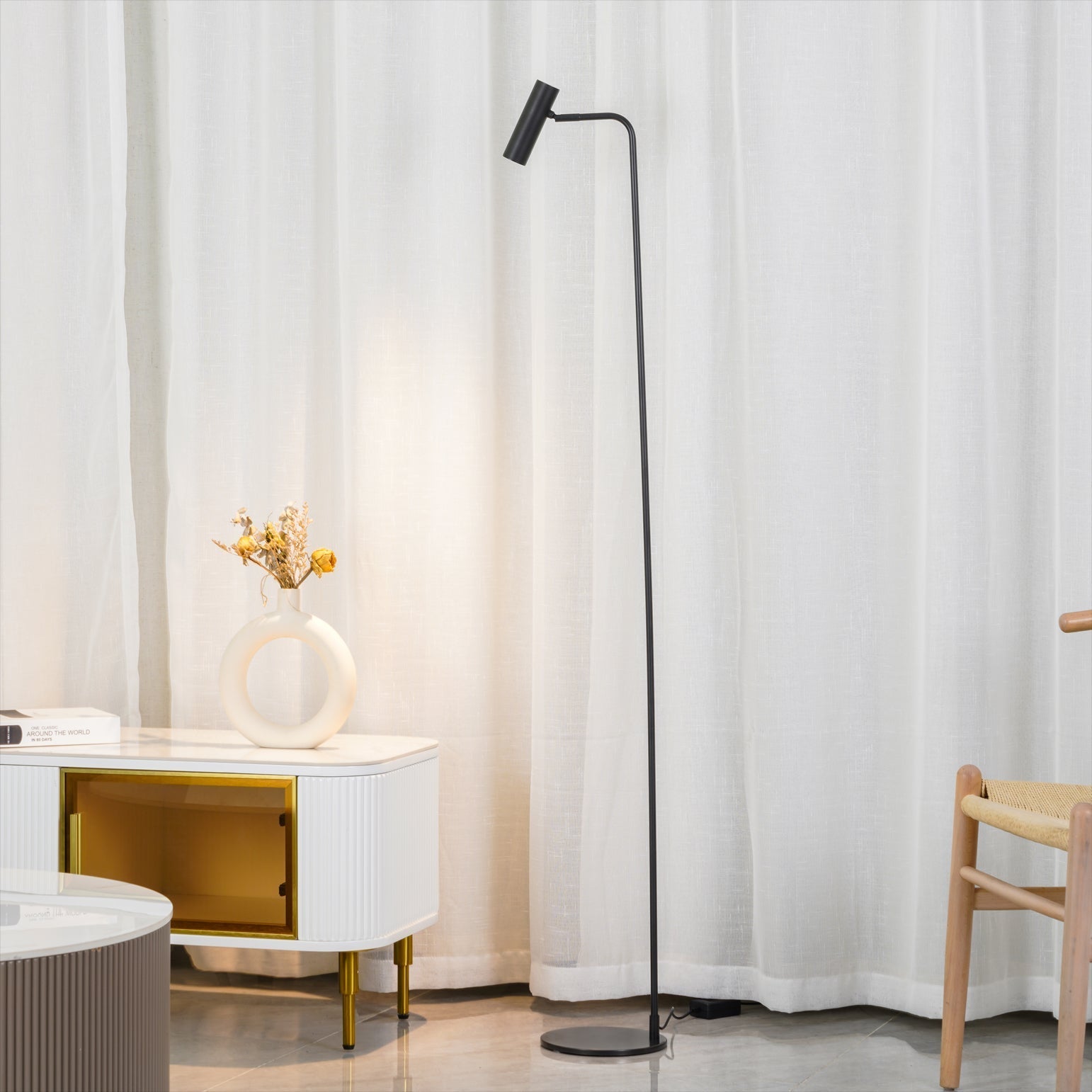 Modern Minimalist Adjustable LED Reading Floor Lamp with Slim Brass Body
