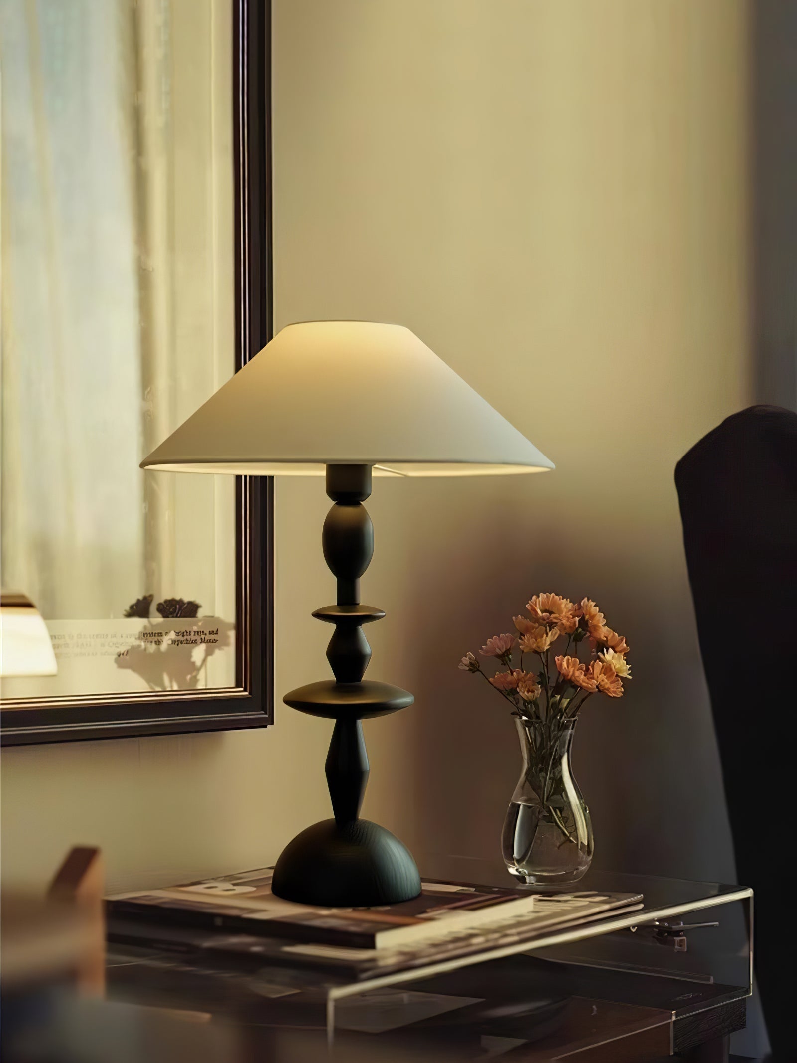 Tournage Sculptural Oak Wood Desk Lamp with White Linen Shade for Bedside Lighting