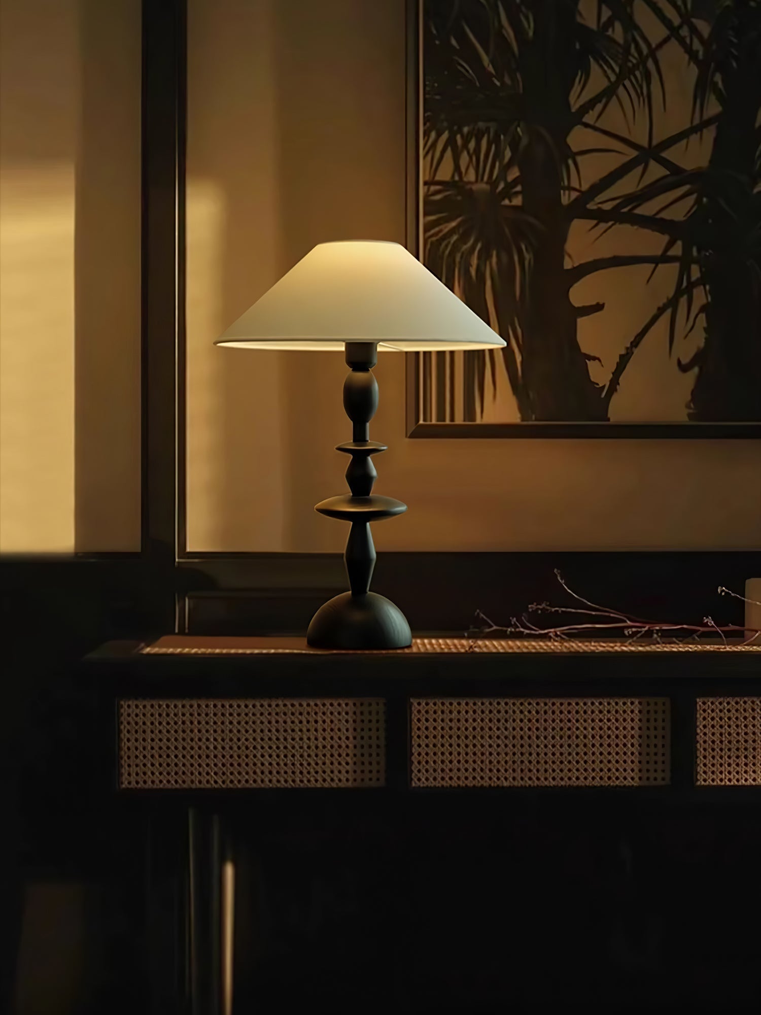 Tournage Sculptural Oak Wood Desk Lamp with White Linen Shade for Bedside Lighting