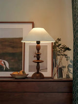 Tournage Sculptural Oak Wood Desk Lamp with White Linen Shade for Bedside Lighting