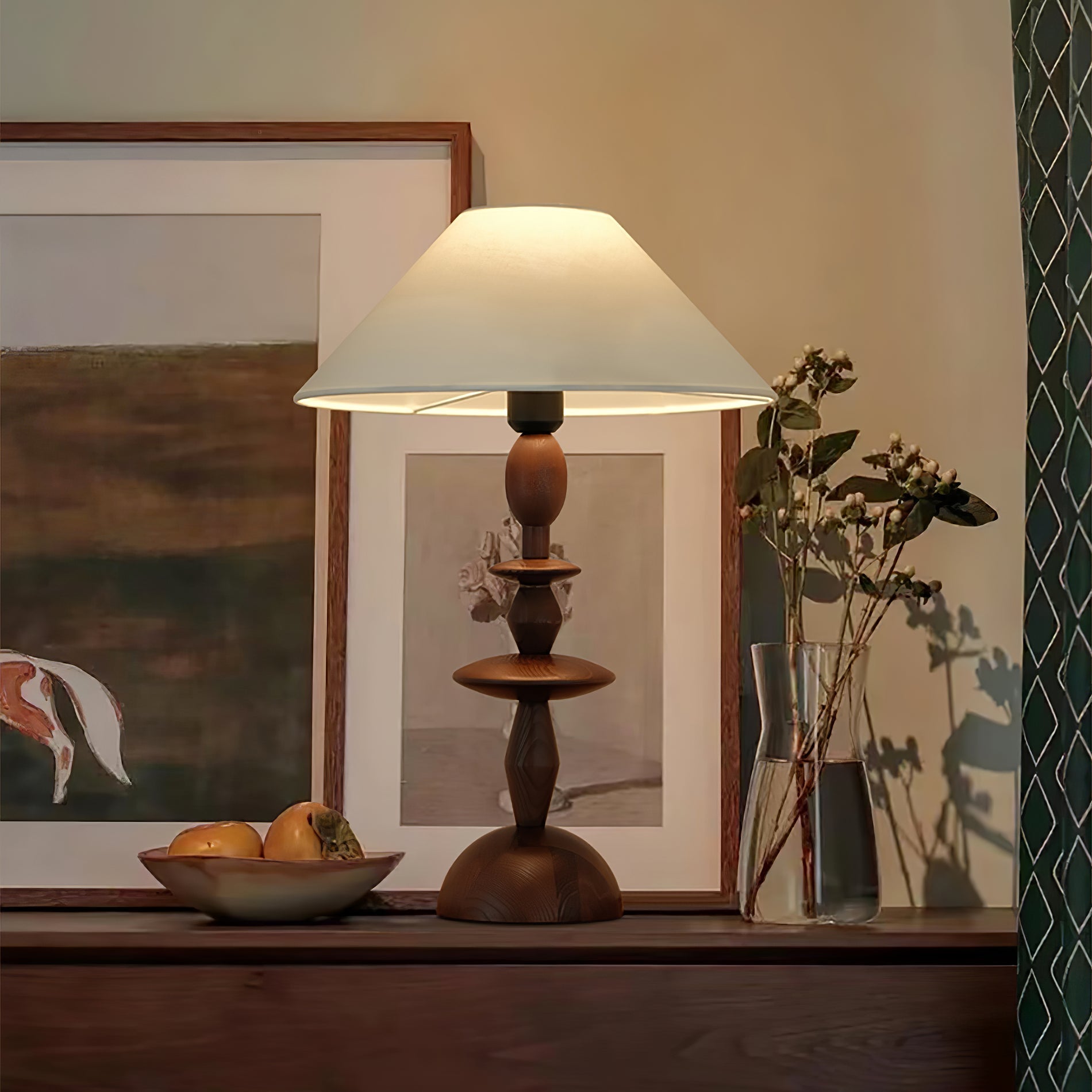 Tournage Sculptural Oak Wood Desk Lamp with White Linen Shade for Bedside Lighting