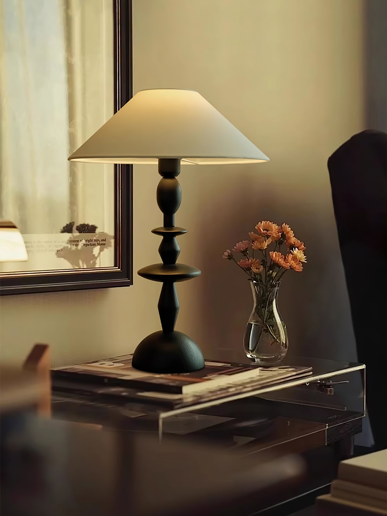 Tournage Sculptural Oak Wood Desk Lamp with White Linen Shade for Bedside Lighting