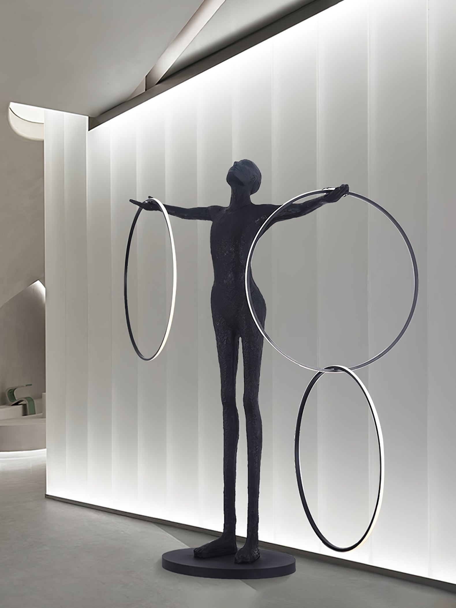 Modern Abstract Figurative Floor Lamp with Triple LED Rings Art Sculpture Standing Light