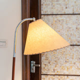 Modern Tripod Arc Floor Lamp with Walnut Wood Base and Fabric Conical Shade for Living Room