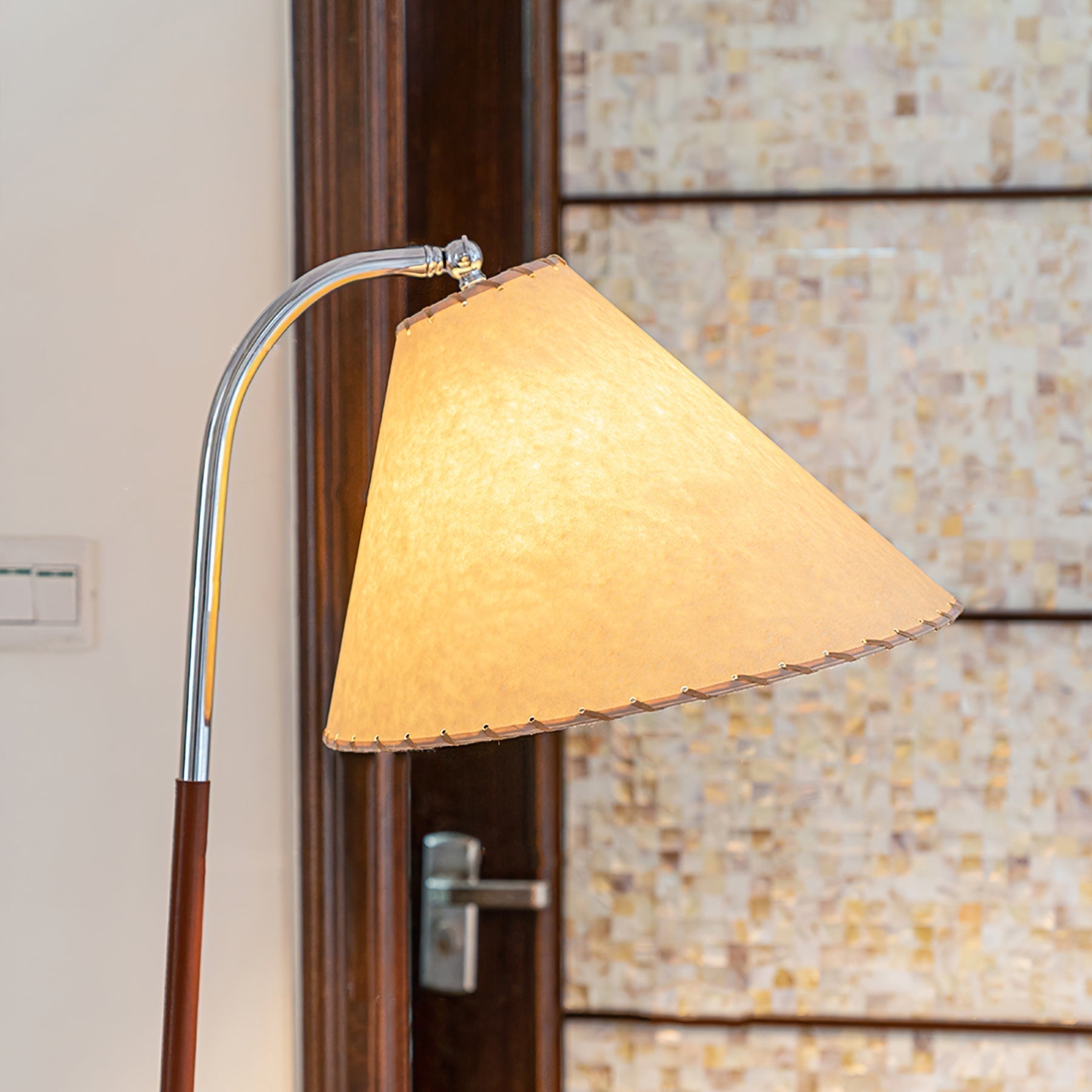 Modern Tripod Arc Floor Lamp with Walnut Wood Base and Fabric Conical Shade for Living Room