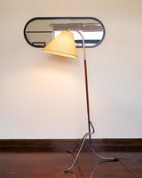 Modern Tripod Arc Floor Lamp with Walnut Wood Base and Fabric Conical Shade for Living Room
