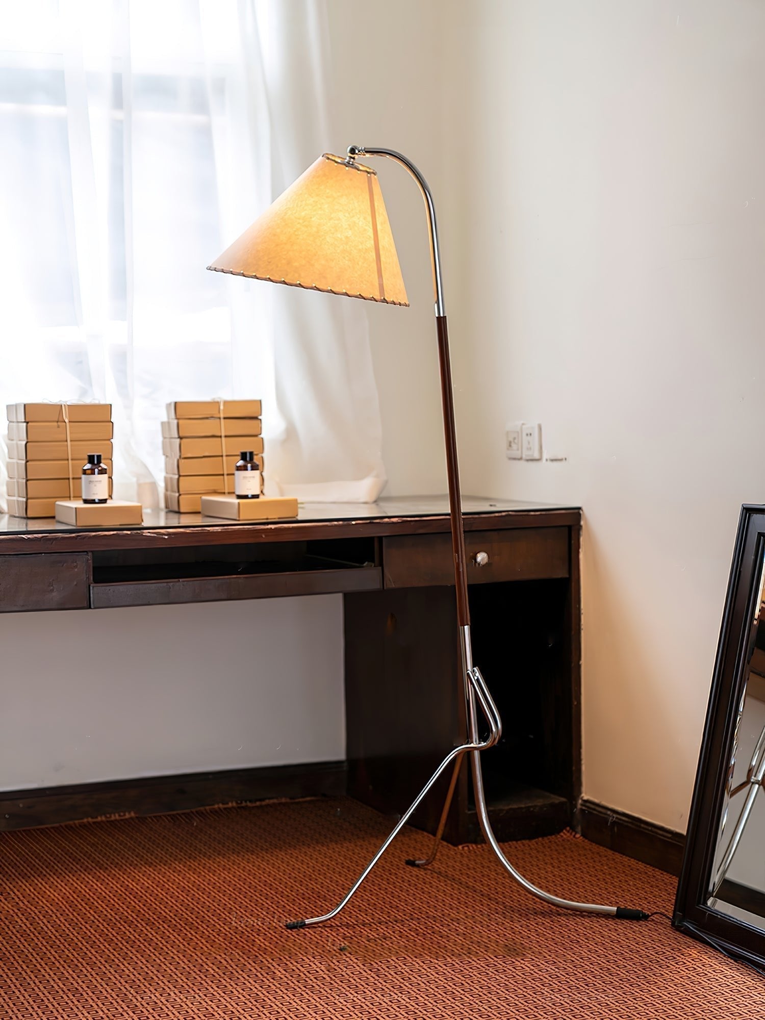 Modern Tripod Arc Floor Lamp with Walnut Wood Base and Fabric Conical Shade for Living Room